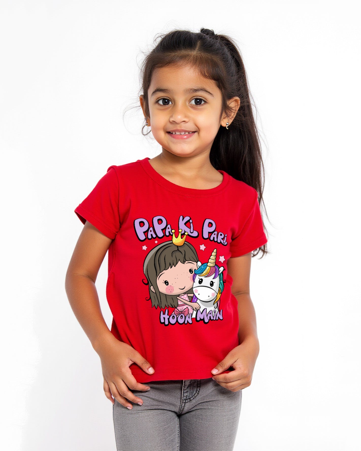 Girl wearing red kids cotton t-shirt Papa Ki Pari Hu Main